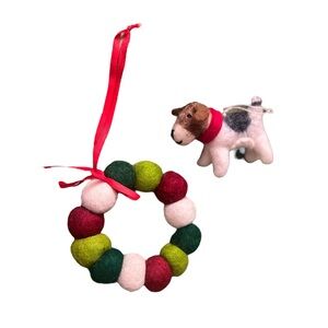 Handmade Felt Wool Christmas Wreath & Holiday Dog Ornament Bundle